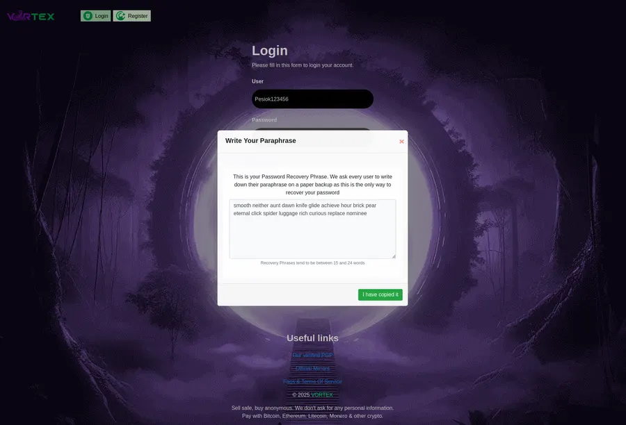 Vortex wallet backup and recovery phrase interface